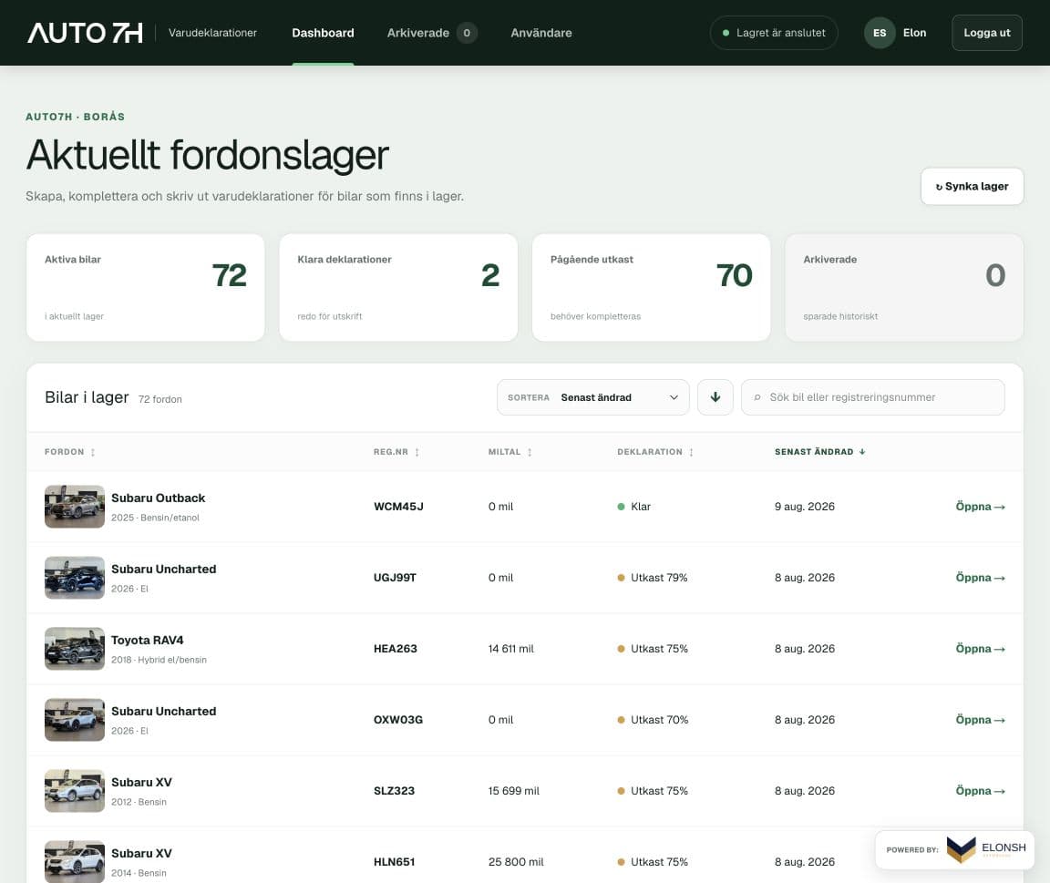 Nordbase Dek dashboard med fordonslager